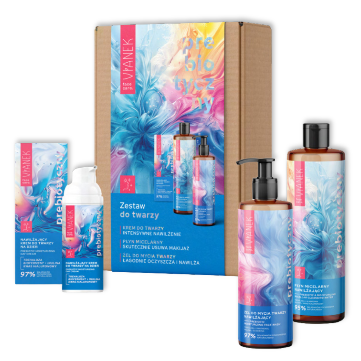 Vianek Prebiotische Gezichtsverzorgingsset - Micellair Water 400ml + Dagcrème 50ml + Reinigingsgel 300ml