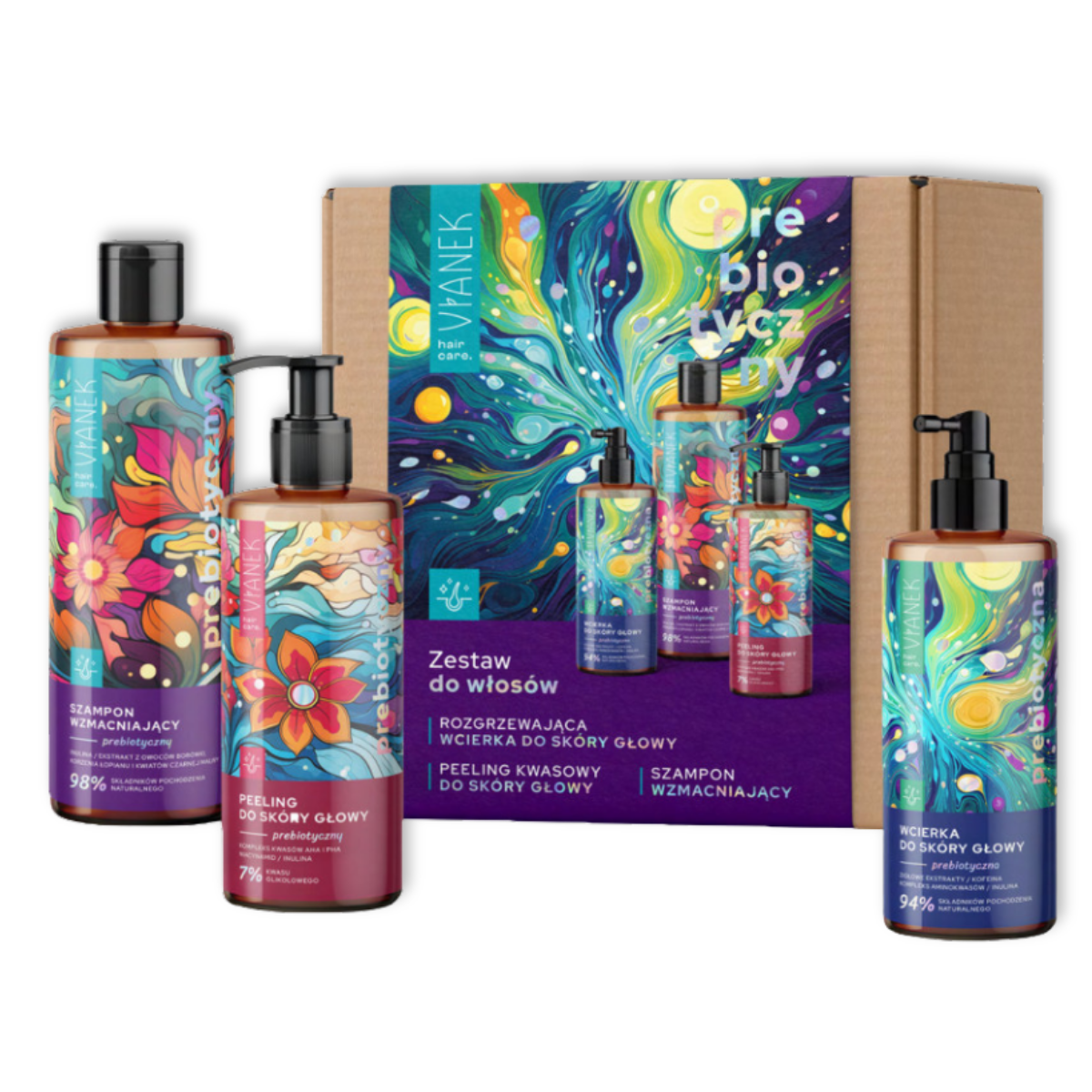 Vianek Prebiotische Haarverzorgingsset - Hoofdhuidwrijving 150ml + Zuurpeeling 150ml + Versterkende Shampoo 300ml